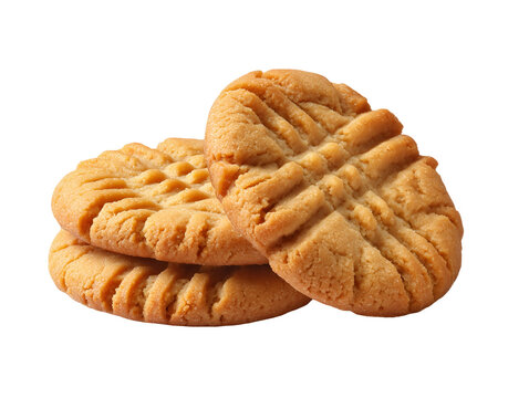 Three peanut butter cookies with classic crisscross fork pattern, isolated on a white background.