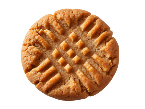 Single peanut butter cookie with classic crisscross fork pattern, isolated on a white background.