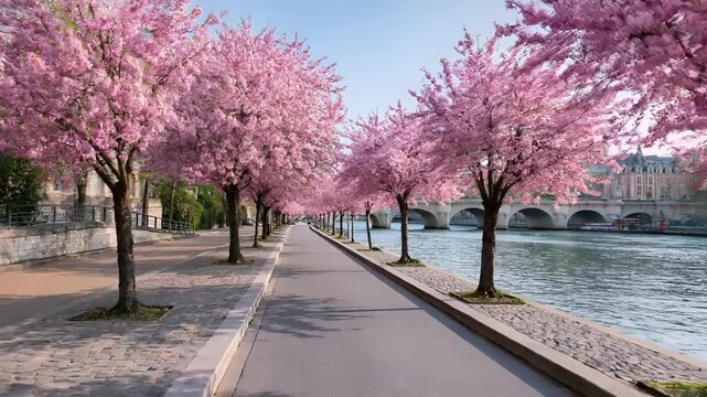 Paris, France, Europe. A vivid portrayal of a serene urban scene depicts a tranquil canal lined with cherry blossom trees in full bloom.