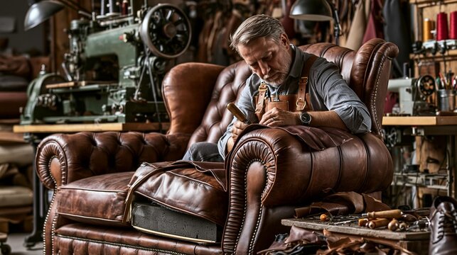 AI generator images of An elderly Western craftsman is diligently repairing and reupholstering a large leather sofa he is replacing damaged foam cushions and installing new leather upholstery