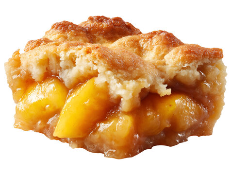 Homemade peach cobbler with juicy peach filling and golden biscuit topping, isolated on a white background.