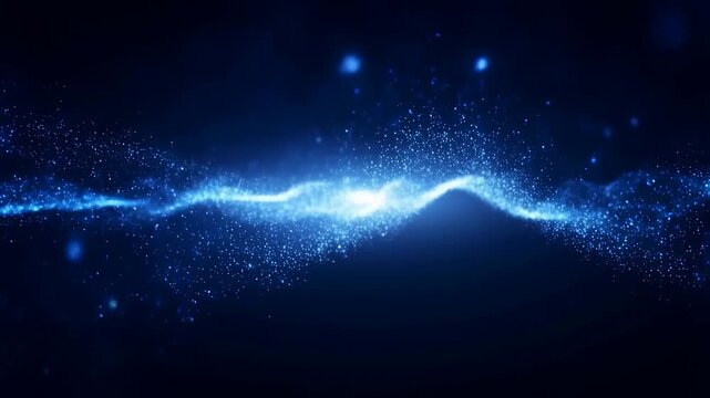 Glowing blue particles flow and pulse rhythmically along a smooth wave path on a dark background. Soft blur and glow effects create a calming energy flow with dynamic motion and depth.