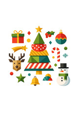 Naklejka premium Christmas Illustration with Santa Claus, Tree, Gifts, and Decorations.