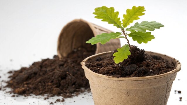 Young oak tree seedling in a peat pot
