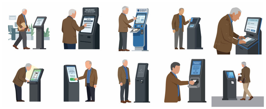Senior Man Using Digital Insurance Self-Service Kiosks for Claims and Document Submissions Flat Vector Illustration Set