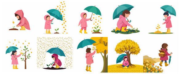 Fototapeta premium Concept of financial growth and savings with a little girl planting gold coins and harvesting a money tree, representing investment, wealth creation, and future prosperity.