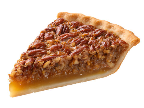 Slice of pecan pie with rich caramel filling, crunchy pecans, and buttery flaky crust, isolated on a white background.