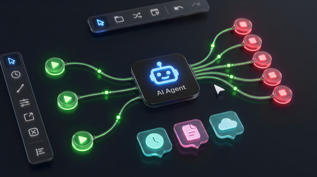 Artificial intelligence agent automation workflow interface with node based connections for smart task management digital process optimization automation technology software concept.