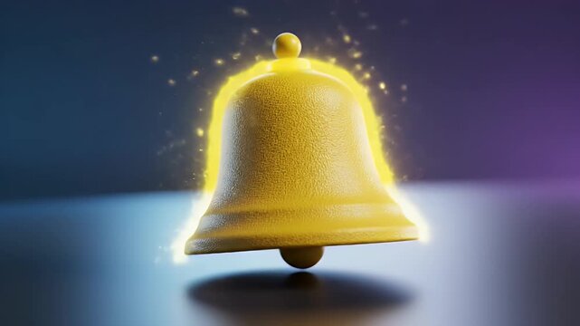 Studio-shot yellow bell in close-up on reflective surface with soft blue and purple gradient backdrop