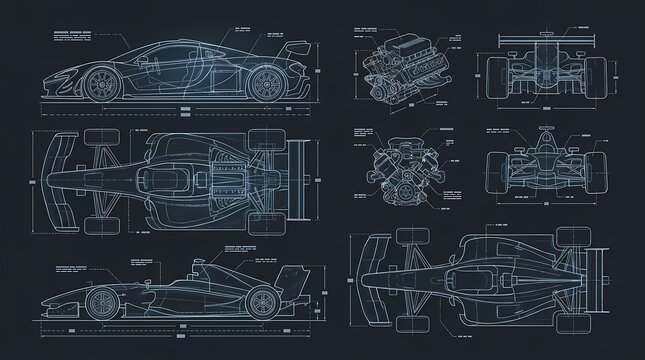 Technical blueprint drawing of a high performance sports car and engine components.