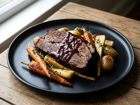 Delicious grilled beef steak served with roasted carrots and fresh herbs on a dark round plate on wood. braised brisket