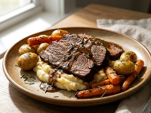 Delicious roasted beef meat with golden potatoes and glazed carrots served on a rustic ceramic plate. braised brisket