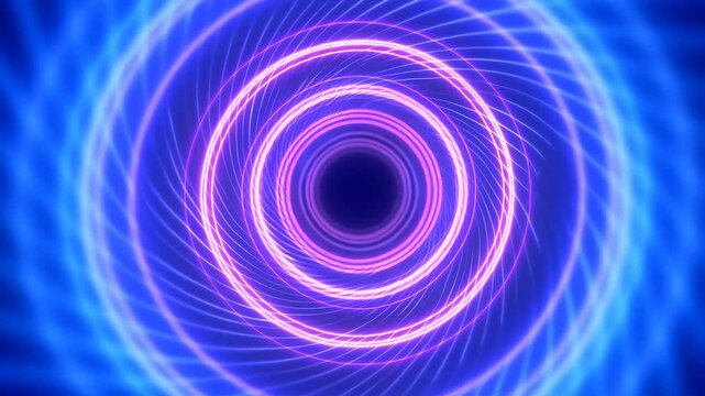 Glowing concentric rings rotate and pulse smoothly against a dark blue gradient background. Abstract animation features rotating and luminous energy.