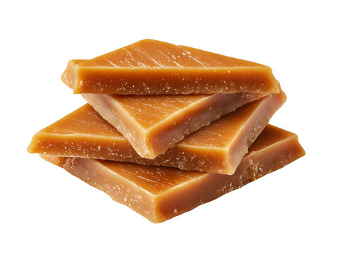 Stack of smooth buttery toffee bars with a rich caramel color, isolated on a white background.