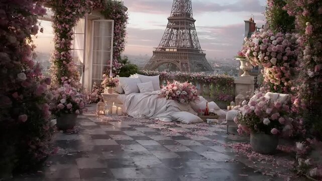 Paris, France, Europe. A romantic bedroom scene set against the Eiffel Tower in Paris, France. The room is adorned with pink and white roses, creating a dreamy and romantic ambiance.
