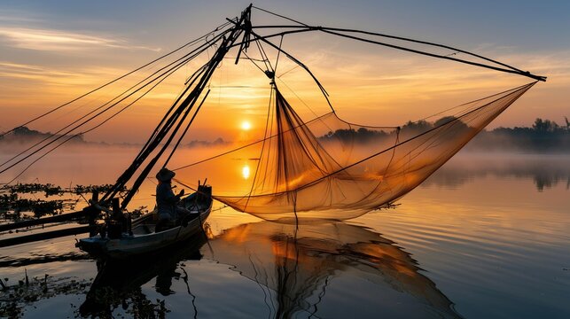 AI generator images of morning scene capturing the fisherman's way of life&mdash;distinctively characterized by the use of giant lift nets and traditional fishing methods&mdash;amidst the mist and the rising sun.