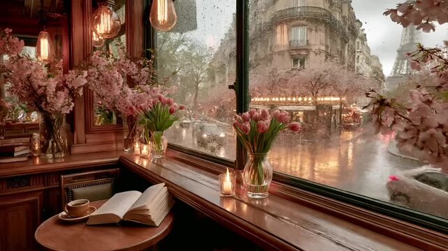 Paris, France, Europe. A detailed, atmospheric portrayal of a Parisian cafe interior. The main subject is a window overlooking the Eiffel Tower, the iconic landmark in Paris, France.