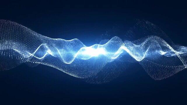 Flowing wave of glowing particles undulates across a dark background. Smooth animated scene for visual effects and digital presentations.