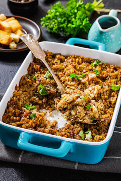 Homemade minced meat and rice casserole bake