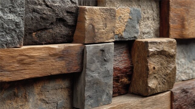 Close-up of rustic, multi-colored stone wall, showing varied textures and shapes