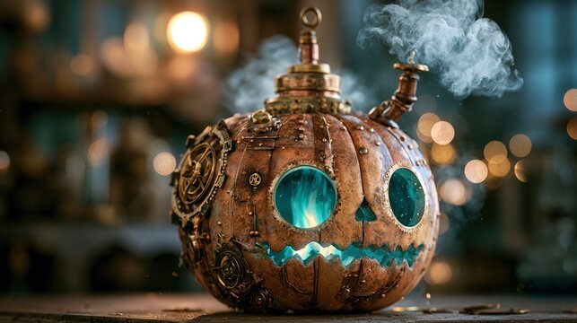 Steampunk pumpkin lantern made of copper brass gears, teal gas-flame glowing from within carved eyes situated under twilight night canopy
