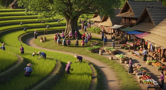 Vibrant rural community scene with farmers and market stalls in lush landscape