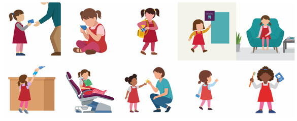 Fototapeta premium Set of vector illustrations for pediatric dental care featuring a young girl's visit to the dentist office.