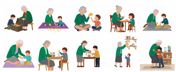 Fototapeta premium Grandmother teaching her grandchild about saving money, financial literacy, and wealth management with coins and jars, vector illustration set isolated on white background.