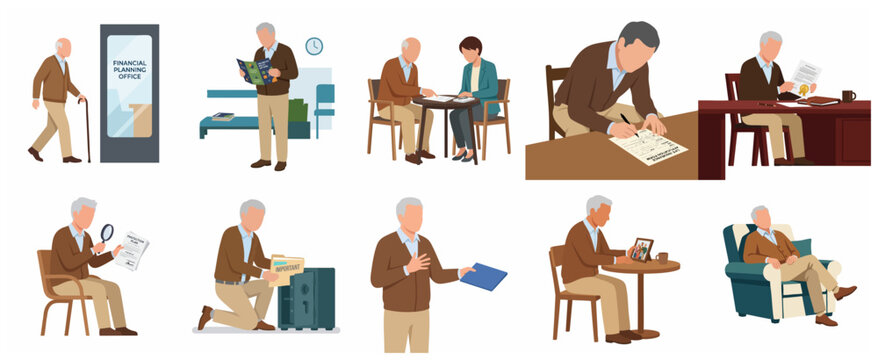 Senior Man Character Set for Retirement Financial Planning and Life Insurance Concepts