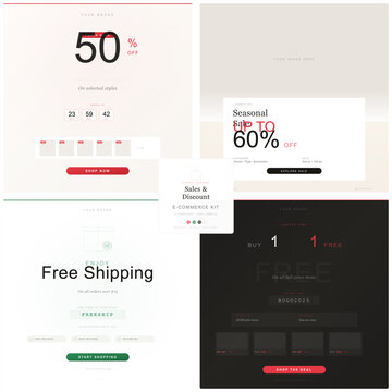High-end e-commerce promotional banner collection featuring countdown timers, discount codes, and special sales offers