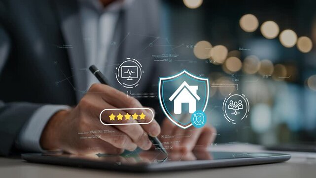 Businessman in modern office managing smart property platform with animated house shield icon, connected housing technology, residential monitoring and secure real estate operations