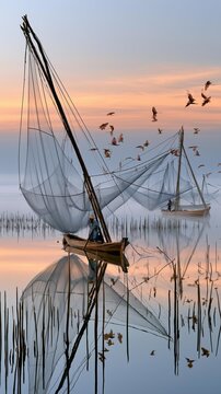 AI generator images of fishermen operating giant lift nets across sea wetlands at sunrise, mist floating above still water, water birds flying overhead, documentary photography