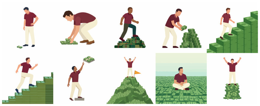 Set of conceptual illustrations showing a man building wealth, saving money, and achieving financial success from small bundles to a mountain of cash.