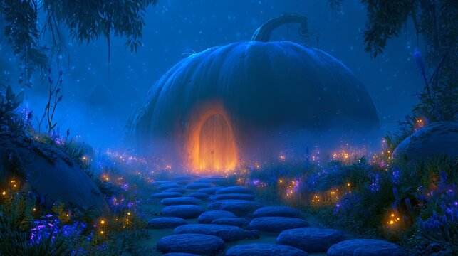 Path made of glowing carved stones leading to giant pumpkin-shaped gate, enchanted mist, bioluminescent flowers situated under twilight night canopy