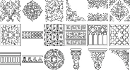 Historical Architectural Ornament Pattern Collection Featuring Art Nouveau Florals Gothic Windows Islamic Star Tiles Celtic Knots and Baroque Corbel Bracket Graphic Elements © SAHEDUL