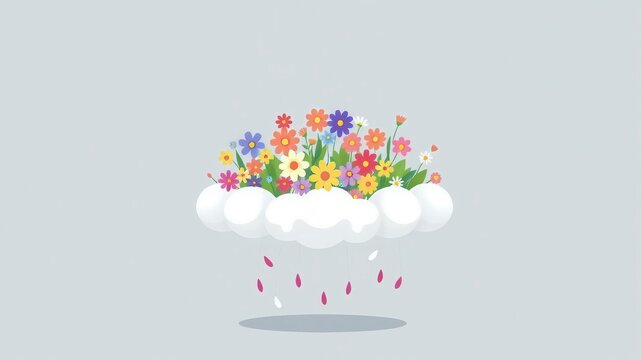 Paper Cut Style Cloud Raining Flower Petals with Colorful Spring Flowers