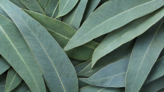 Fresh eucalyptus leaves background, top view of green foliage texture
