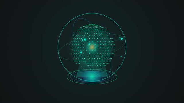 Futuristic digital head hologram with glowing data particles and rotating orbital lines on dark bg.