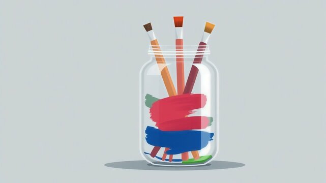 Clear Glass Jar with Assorted Paint Brushes and Rainbow Swirl of Paint, Art Concept Illustration