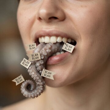Surreal artwork of octopus tentacle in female mouth, illustration for the idiom "A tongue without a bone"