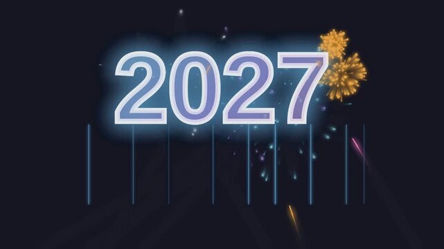 Happy new year 2027 greeting animation with colorful fireworks display celebration motion background.