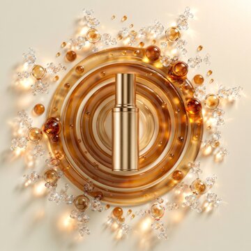 Luxury golden skincare serum bottle surrounded by glowing molecular droplets and amber rings