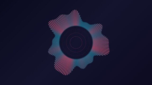 Circular audio spectrum sound wave visualizer with pulse rings, music equalizer radial background, seamless loop 4K animation