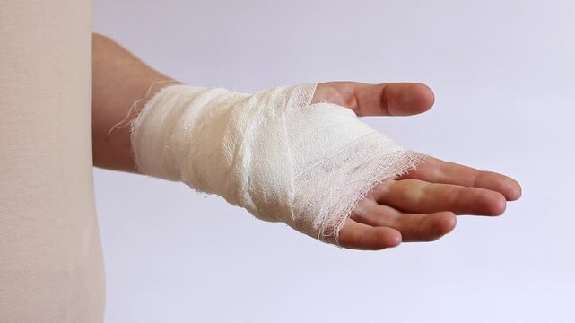 Close-up of bandaged human hand. Female hand with medical gauze bandage on wrist and palm on light neutral background. First aid concept, recovery from injury, sprain or cut. Hand injury