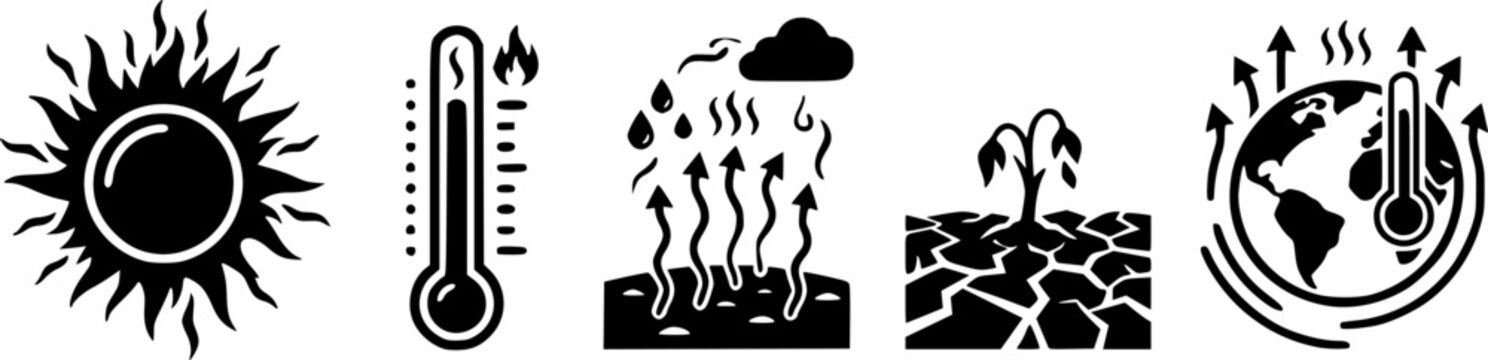 Set of five black icons representing extreme heat, drought, and climate change. Includes sun, evaporation, high temperature thermometer, and cracked earth symbols for environmental awareness