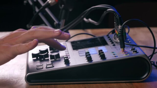 Podcast Live streaming, man radio presenter with microphone, talk show or entertainment. Content creator podcast host in studio for recording audio social media, live concert show. 