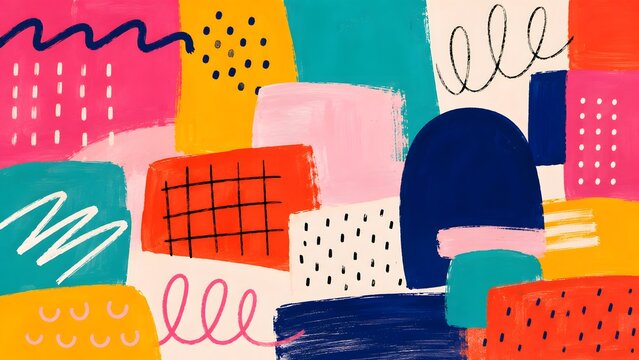 Abstract colorful background with hand painted shapes, squiggles, dots, and vibrant textures modern trendy artistic background design