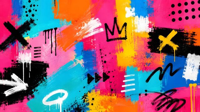 Vibrant abstract graffiti background with colorful street art elements, crown symbol, arrows, and spray paint textures for modern urban design