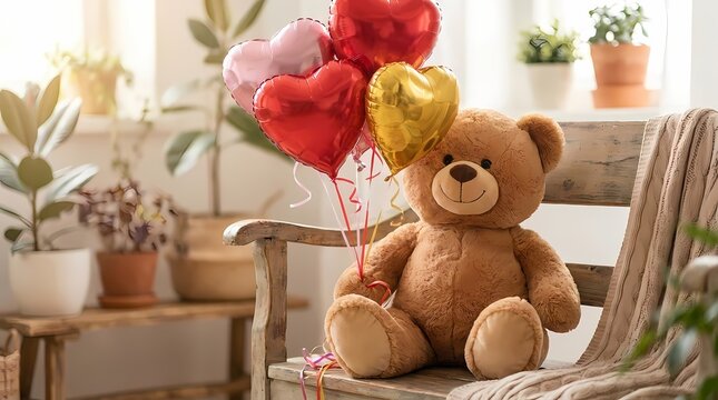 Teddy bear with heart balloons on garden bench.