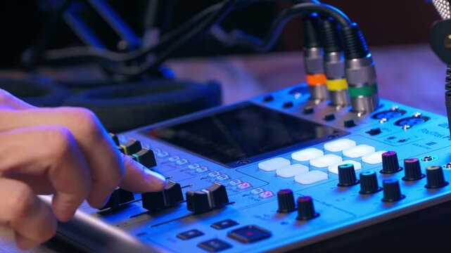Podcast Live streaming, man radio presenter with microphone, talk show or entertainment. Content creator podcast host in studio for recording audio social media, live concert show. 
